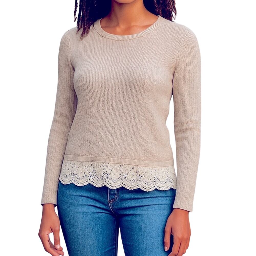 Hollister Oatmeal Lace Trim Sweater XS Lightweight Crewneck